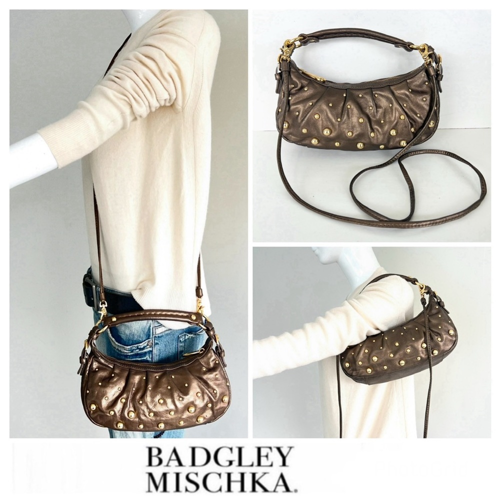 BADGLEY MISCHKA Metallic Brown Bronze Leather Gold Studded Small Crossbody Bag